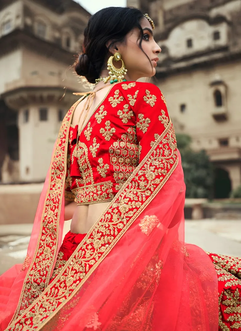 Red Color Satin Material Stone And Dori Work Bridal Lehenga