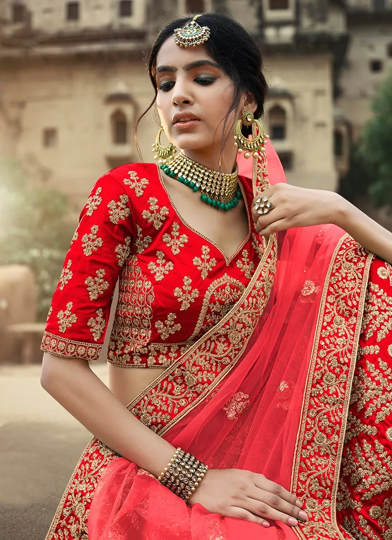 Red Color Satin Material Stone And Dori Work Bridal Lehenga