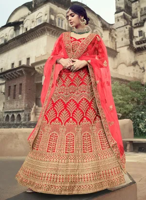 Red Color Satin Material Stone And Dori Work Bridal Lehenga