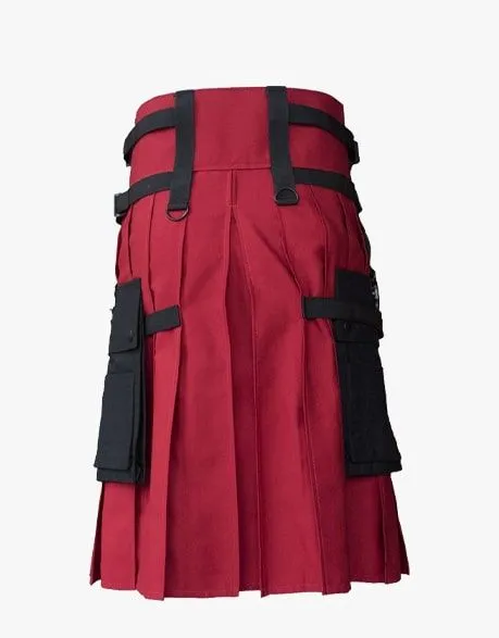 RED GOTHIC UTILITY KILT WITH CROSS STRAPS & BLACK APRON