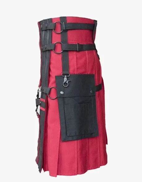 RED GOTHIC UTILITY KILT WITH CROSS STRAPS & BLACK APRON