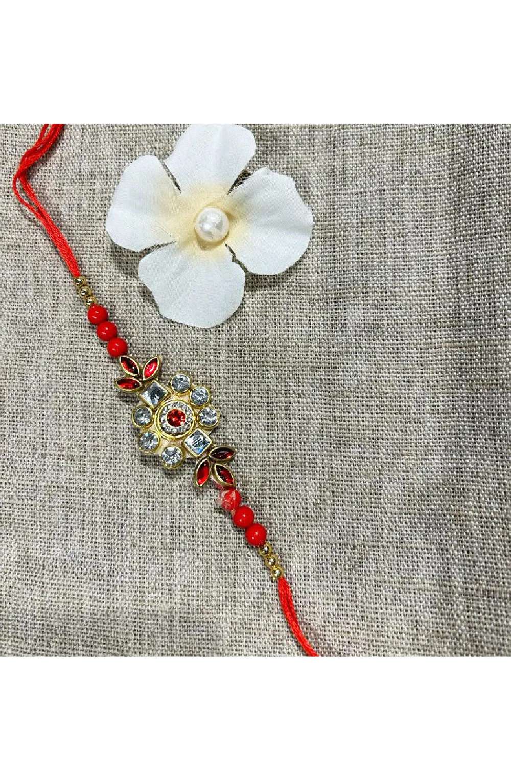 Red Stone And Beads Hand Embroidered Adjustable Thread Rakhi