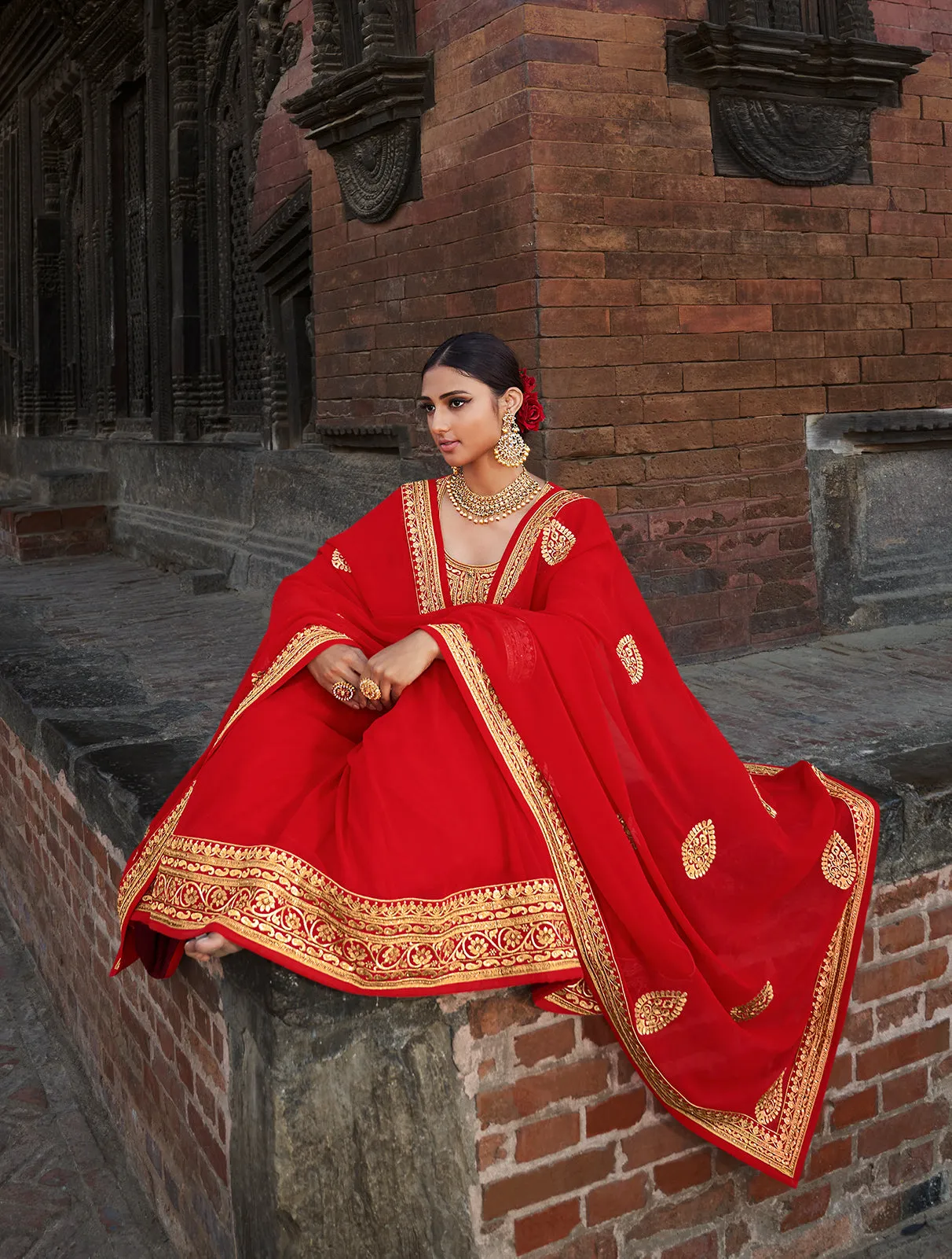 Scarlet Red Stone Embellished Floor Length Anarkali Suit