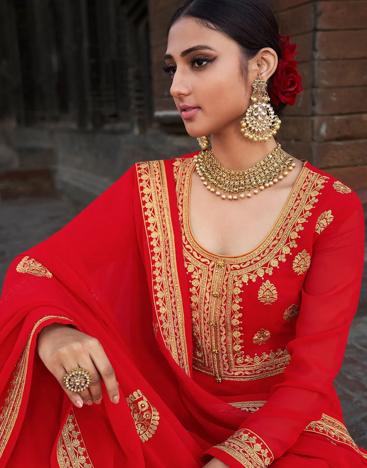 Scarlet Red Stone Embellished Floor Length Anarkali Suit