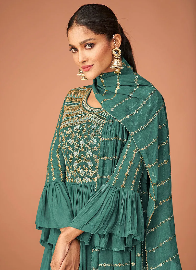 Sea Green Multi Embroidered Peplum Style Sharara Suit