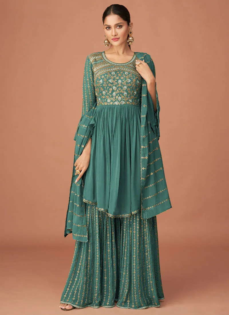 Sea Green Multi Embroidered Peplum Style Sharara Suit