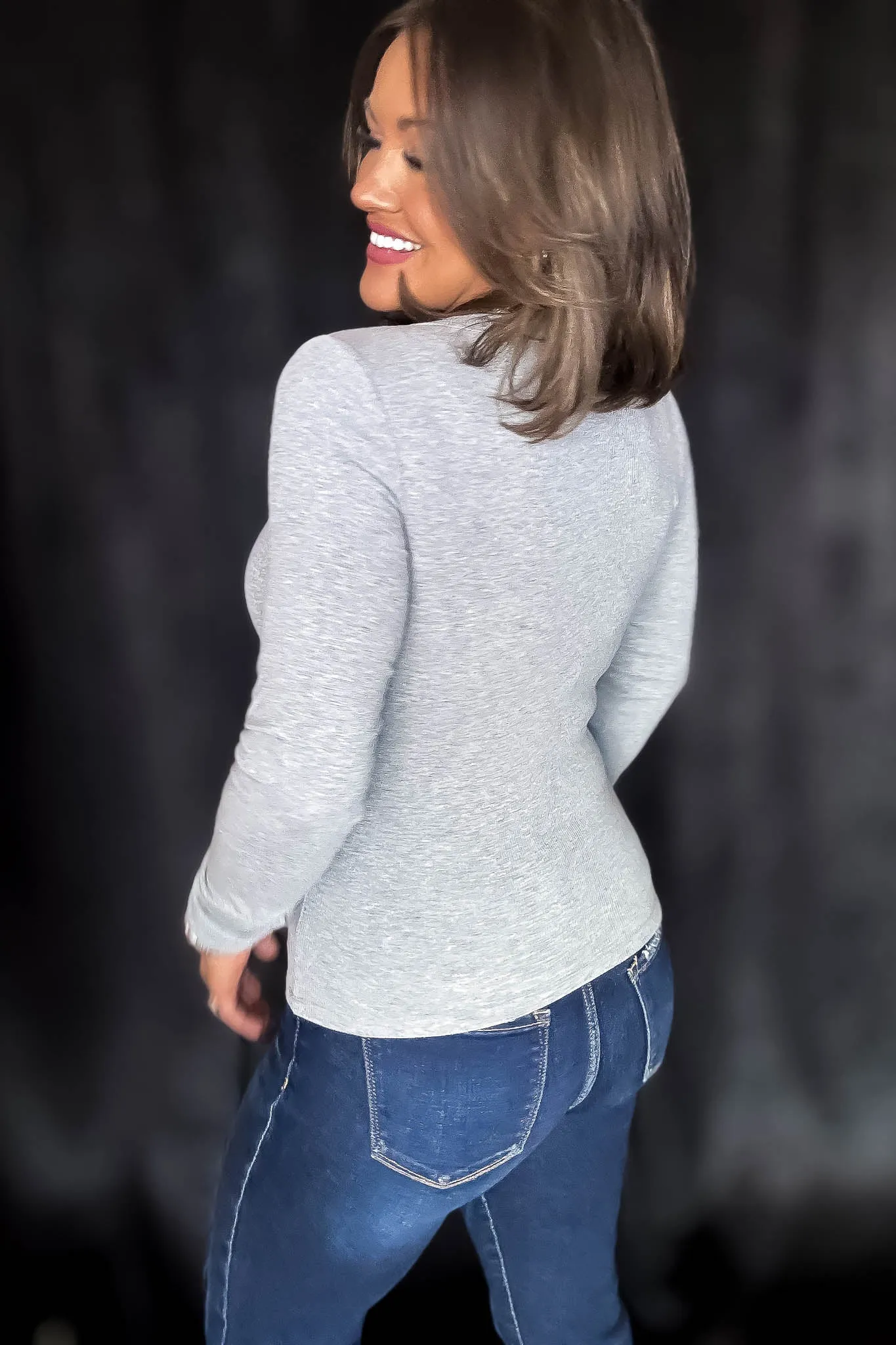 Slim Fit Heather Grey Scoop Neck Long Sleeve Top