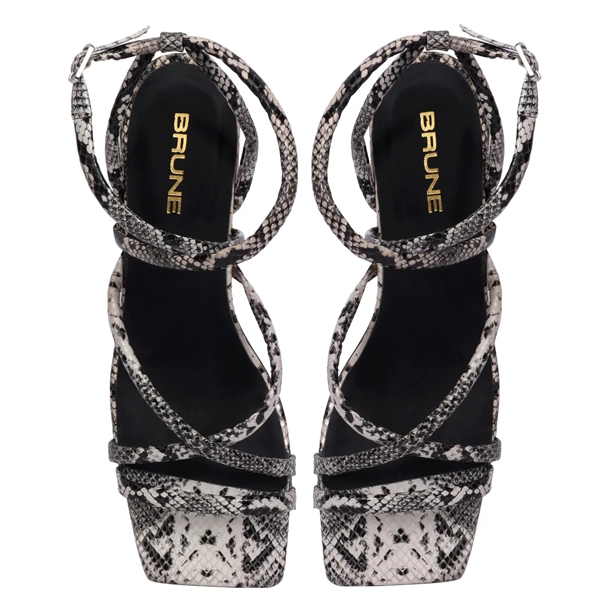 Snake Print Criss-Cross Buckle Strap Blocked Heel sandal By Brune & Bareskin