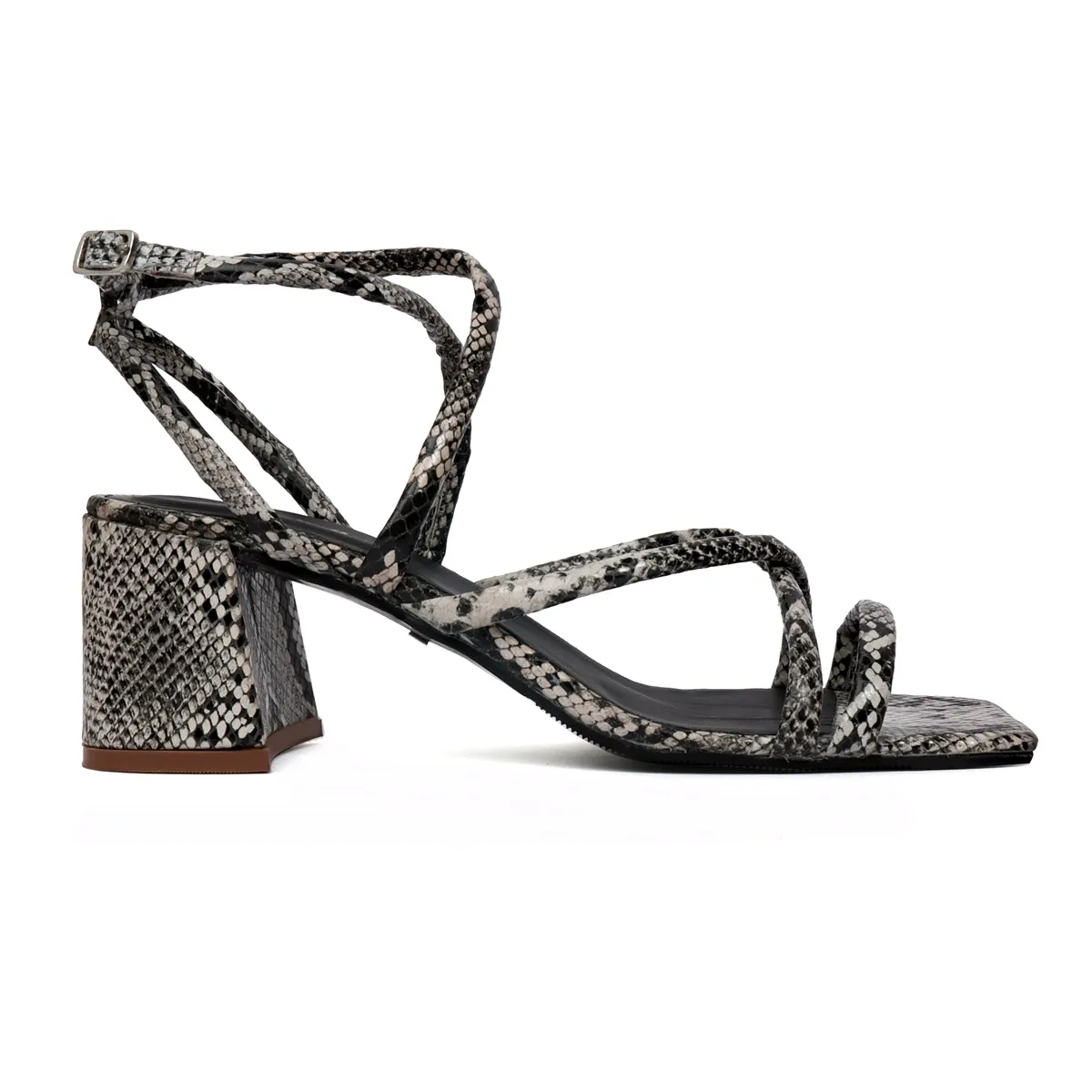 Snake Print Criss-Cross Buckle Strap Blocked Heel sandal By Brune & Bareskin