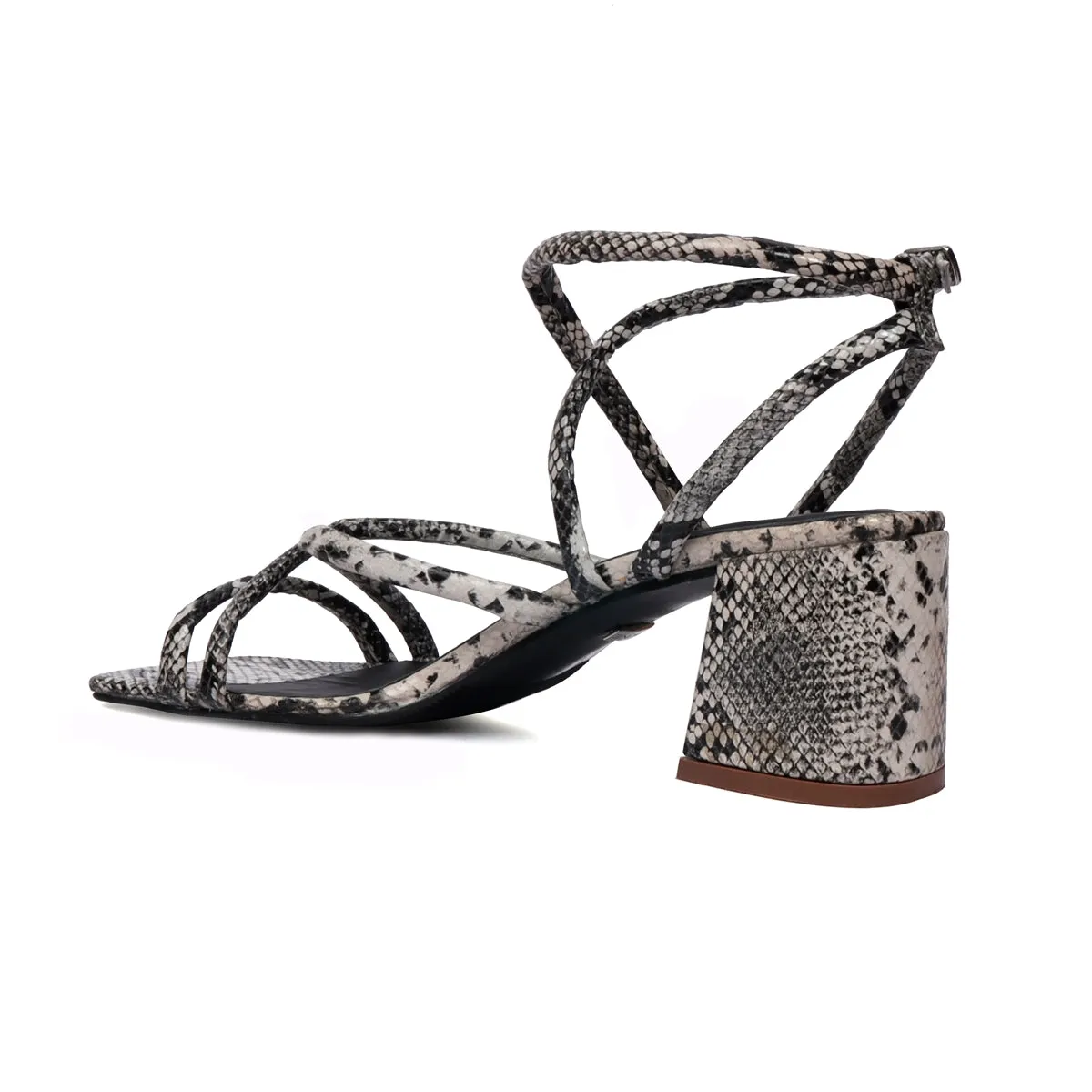 Snake Print Criss-Cross Buckle Strap Blocked Heel sandal By Brune & Bareskin