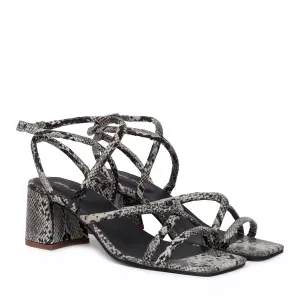 Snake Print Criss-Cross Buckle Strap Blocked Heel sandal By Brune & Bareskin