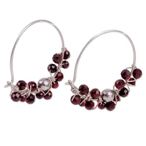 Sterling Silver and Natural Garnet Beaded Hoop Earrings - Passionate Bubbles | NOVICA