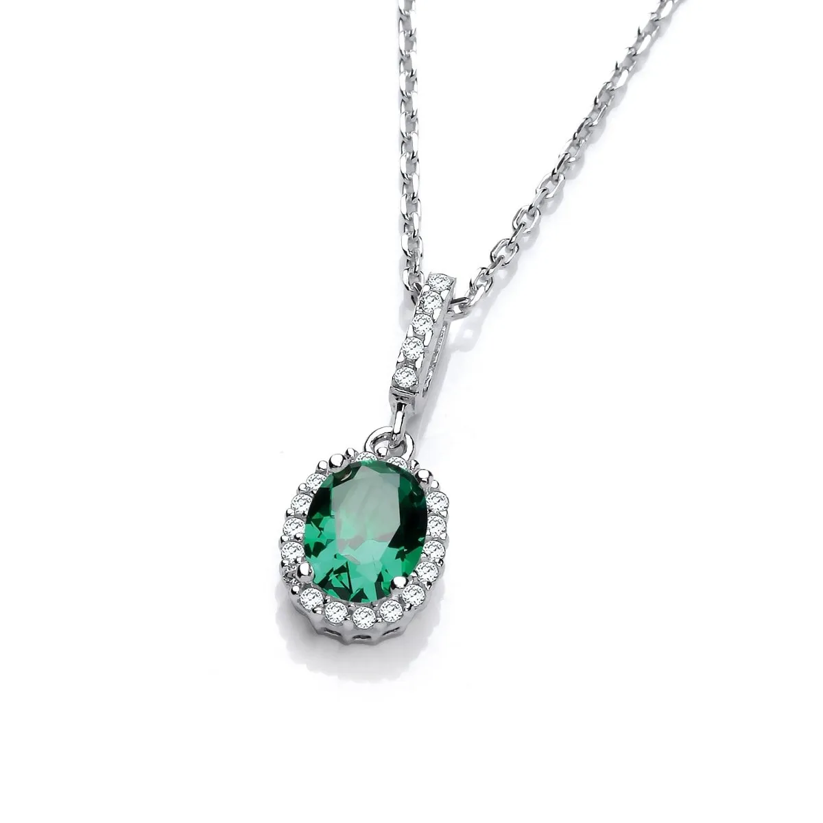 Sterling Silver Oval Halo Green Emerald CZ Necklace