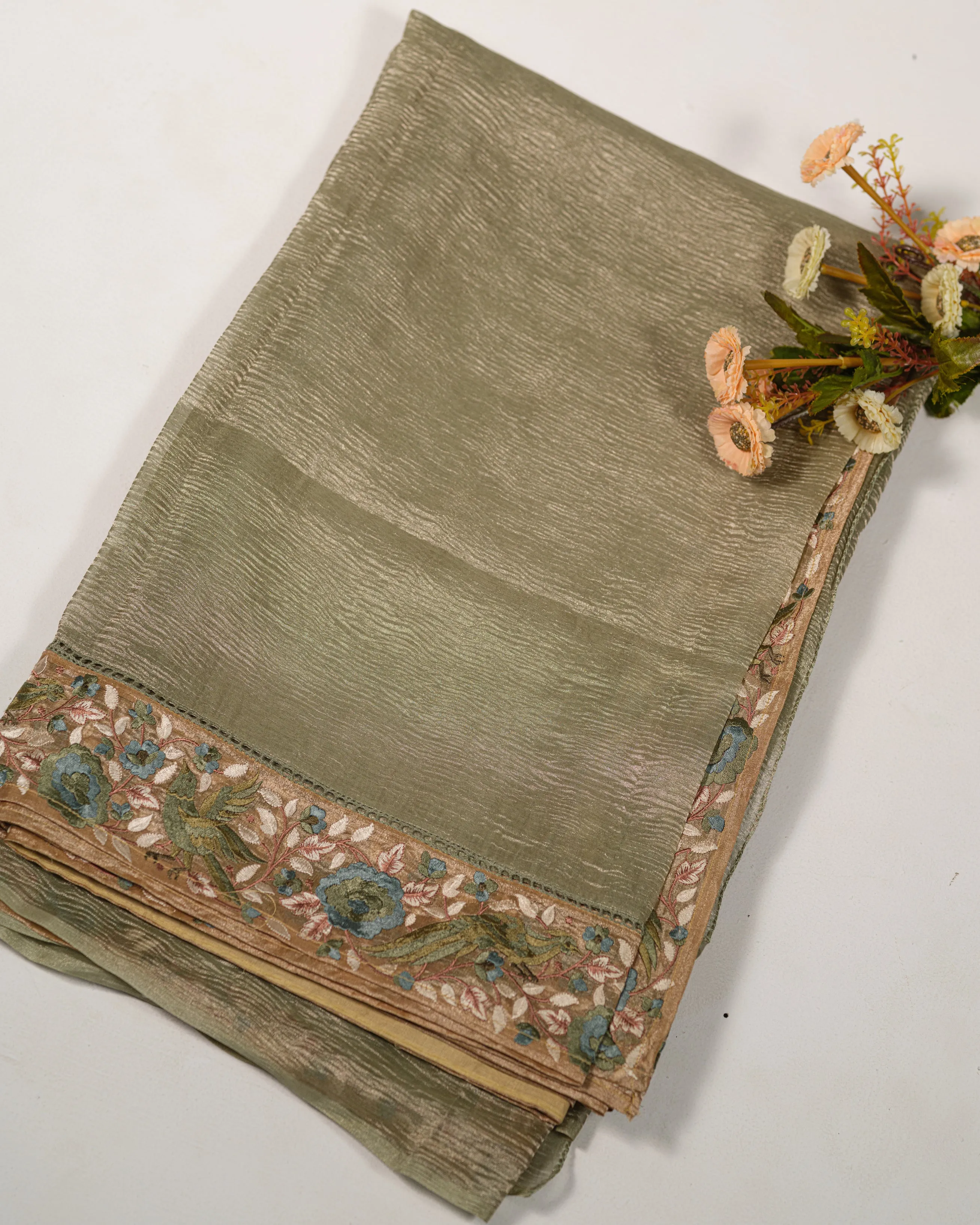 STONE GREEN CRUSHED TISSUE SAREE