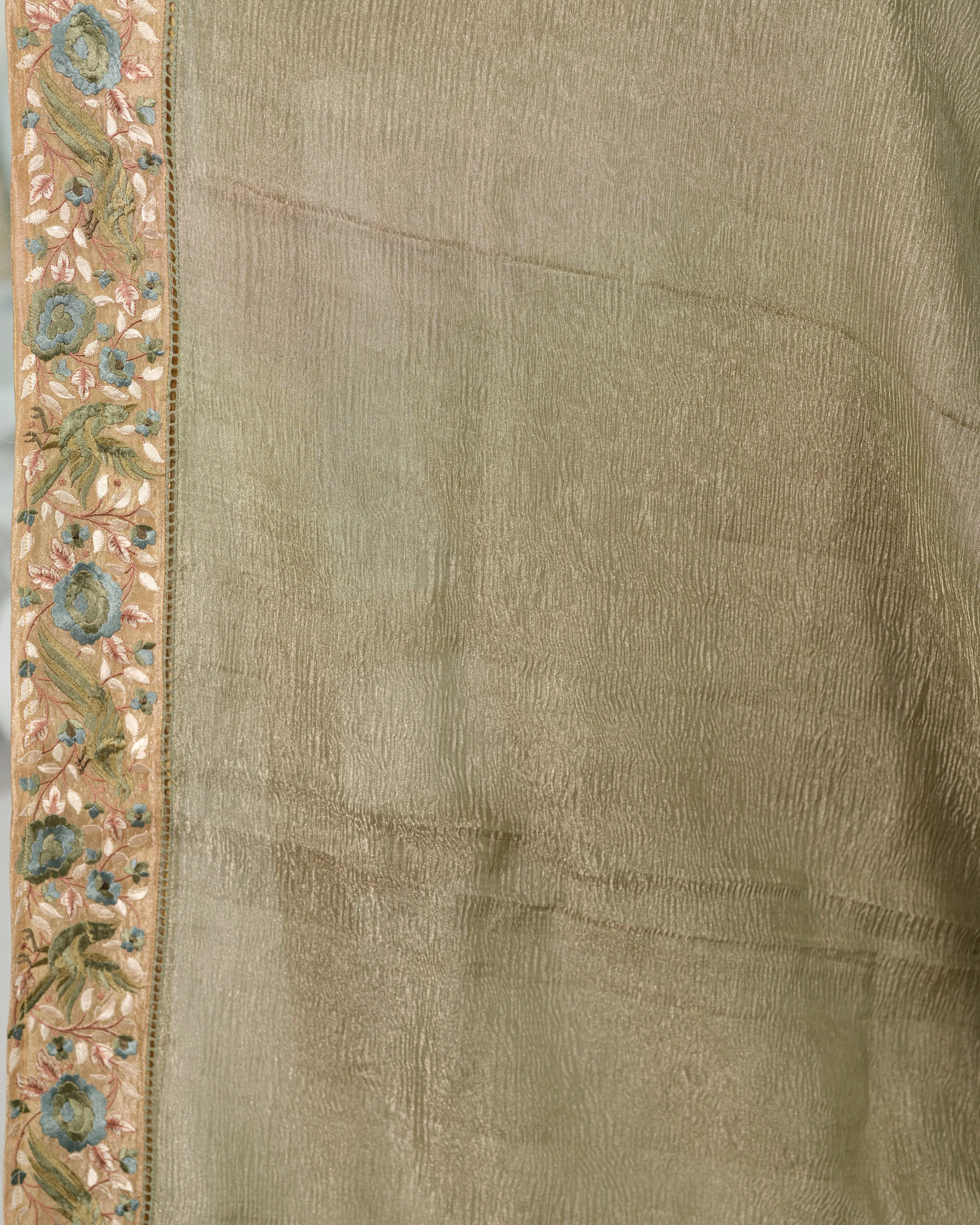 STONE GREEN CRUSHED TISSUE SAREE