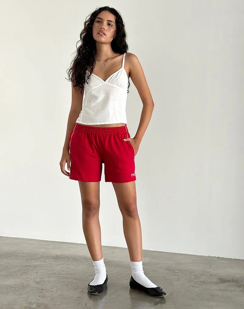 Thera Shorts in Tango Red with Off White Piping and M Emb