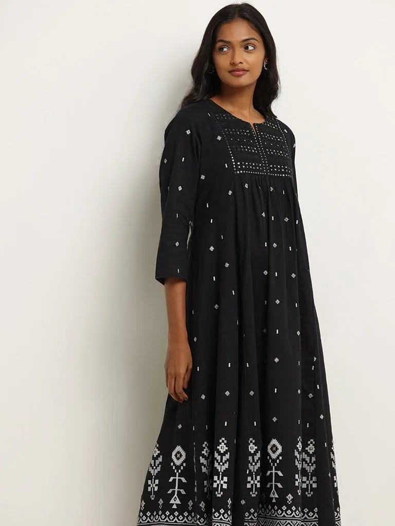 Utsa Black Embroidered Cotton A-Line Kurta