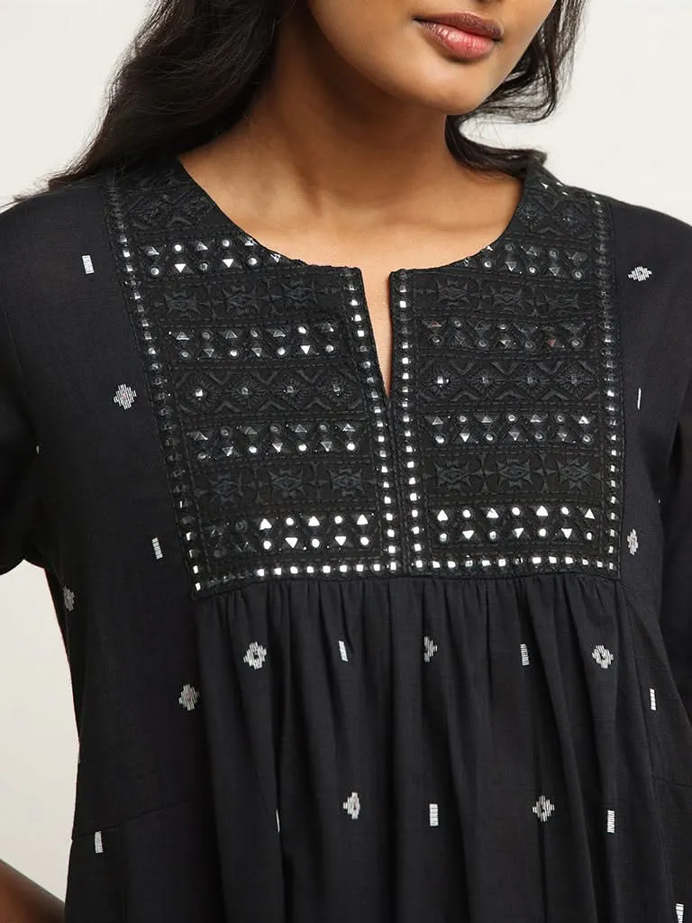 Utsa Black Embroidered Cotton A-Line Kurta