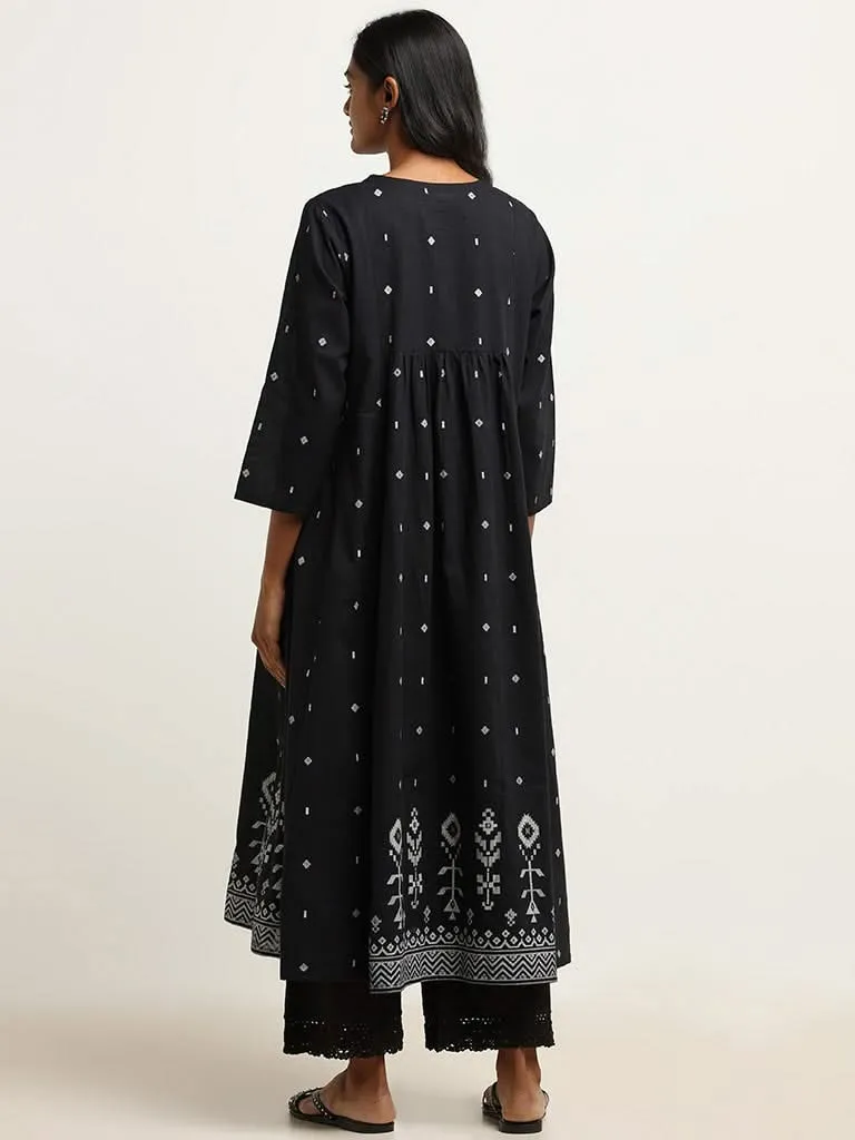 Utsa Black Embroidered Cotton A-Line Kurta