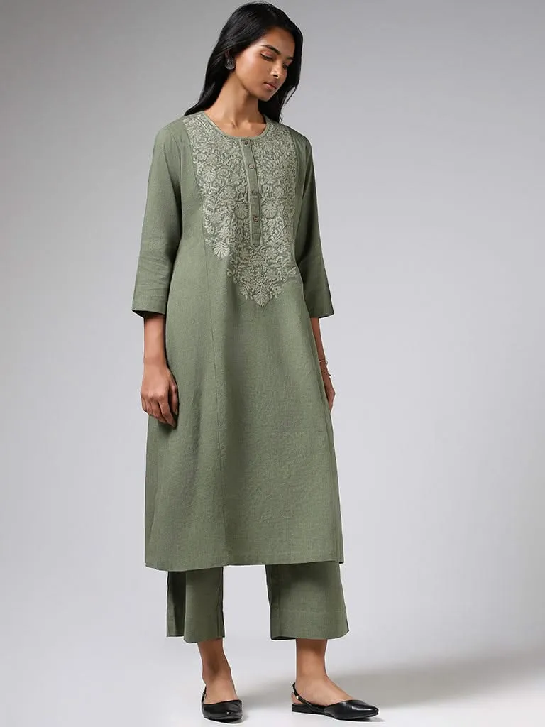 Utsa Olive Paisley Floral Embroidered Cotton A-Line Kurta