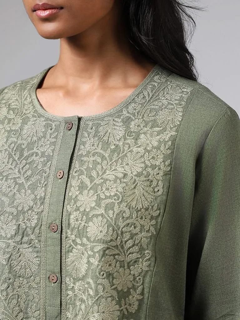 Utsa Olive Paisley Floral Embroidered Cotton A-Line Kurta