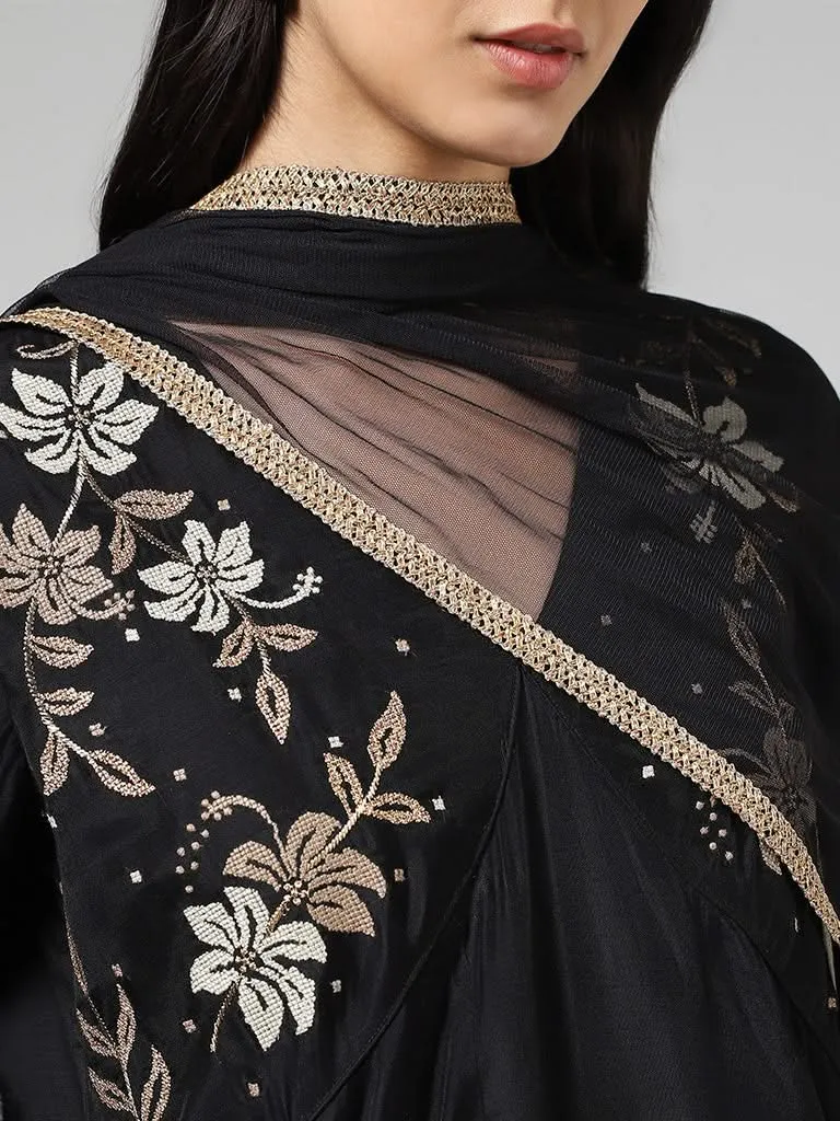 Vark Floral Embroidered Black Kurta with Palazzos & Dupatta