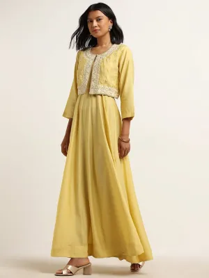 Vark Yellow Embroidered Crop Jacket and Maxi Dress Set