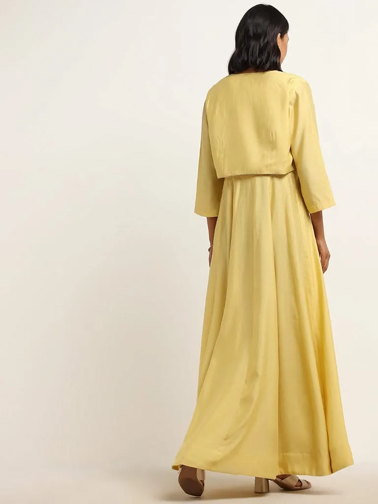 Vark Yellow Embroidered Crop Jacket and Maxi Dress Set