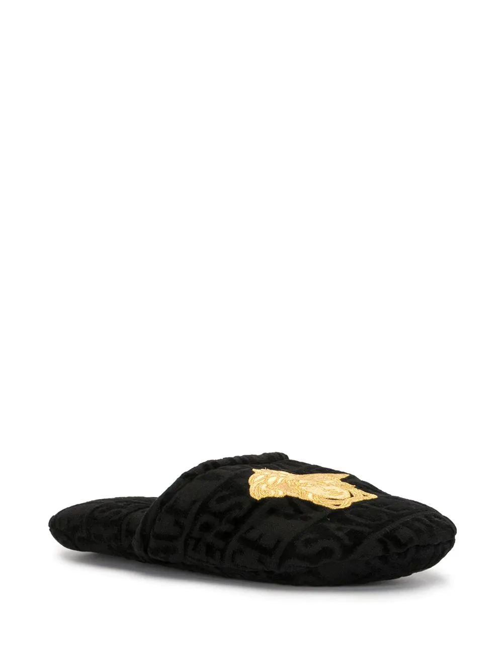 Versace Black and Gold Embroidered Medusa Terricloth Slippers