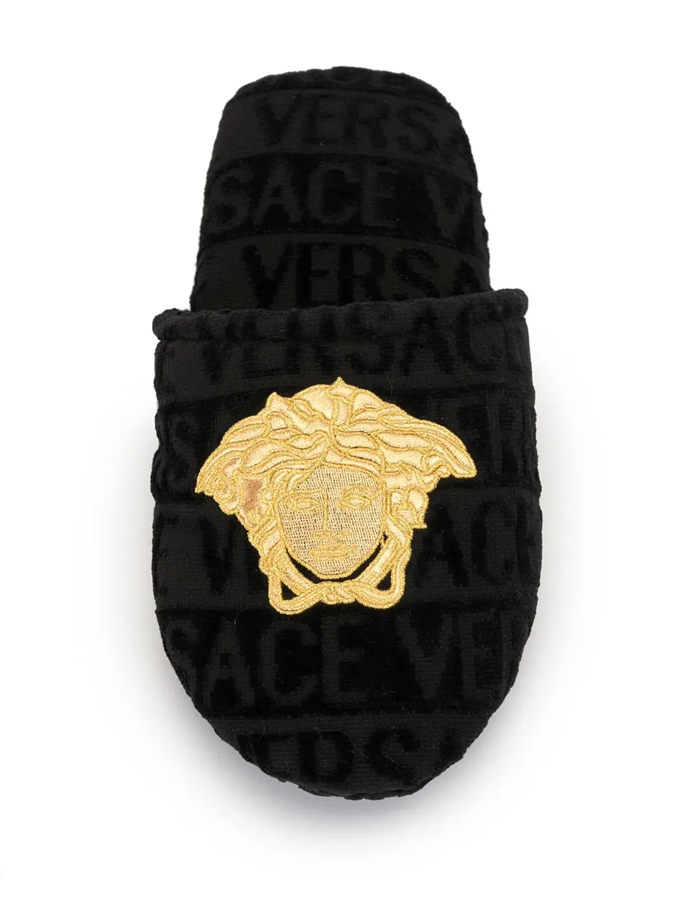 Versace Black and Gold Embroidered Medusa Terricloth Slippers