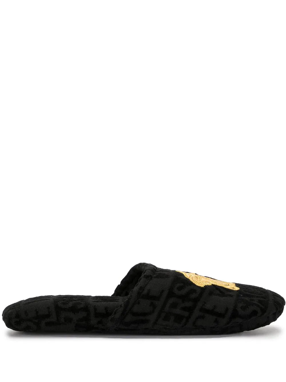 Versace Black and Gold Embroidered Medusa Terricloth Slippers