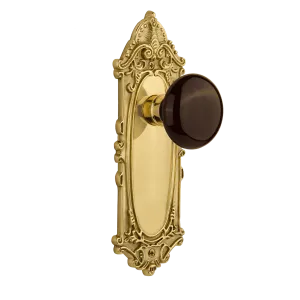 Victorian Long Plate with Brown Porcelain Knob in Polished Brass