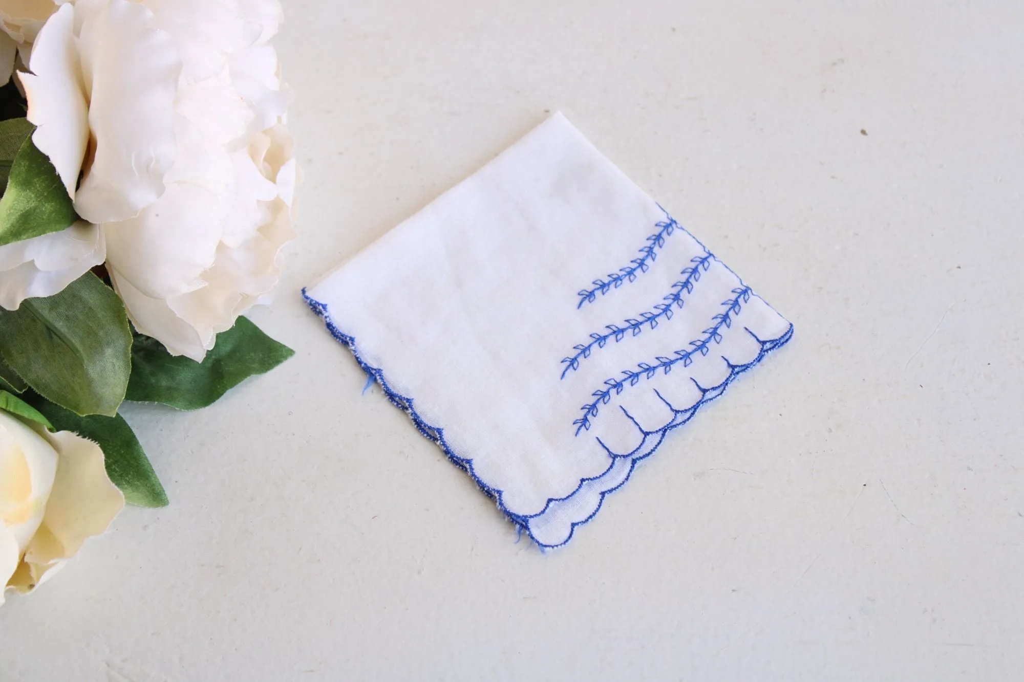 Vintage Blue VIne Embroidery on White Cotton Handkerchief