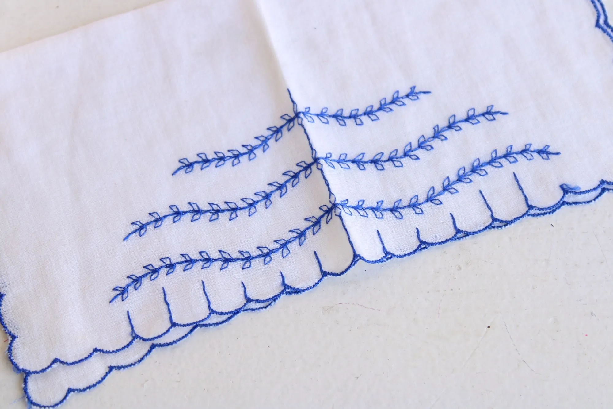 Vintage Blue VIne Embroidery on White Cotton Handkerchief