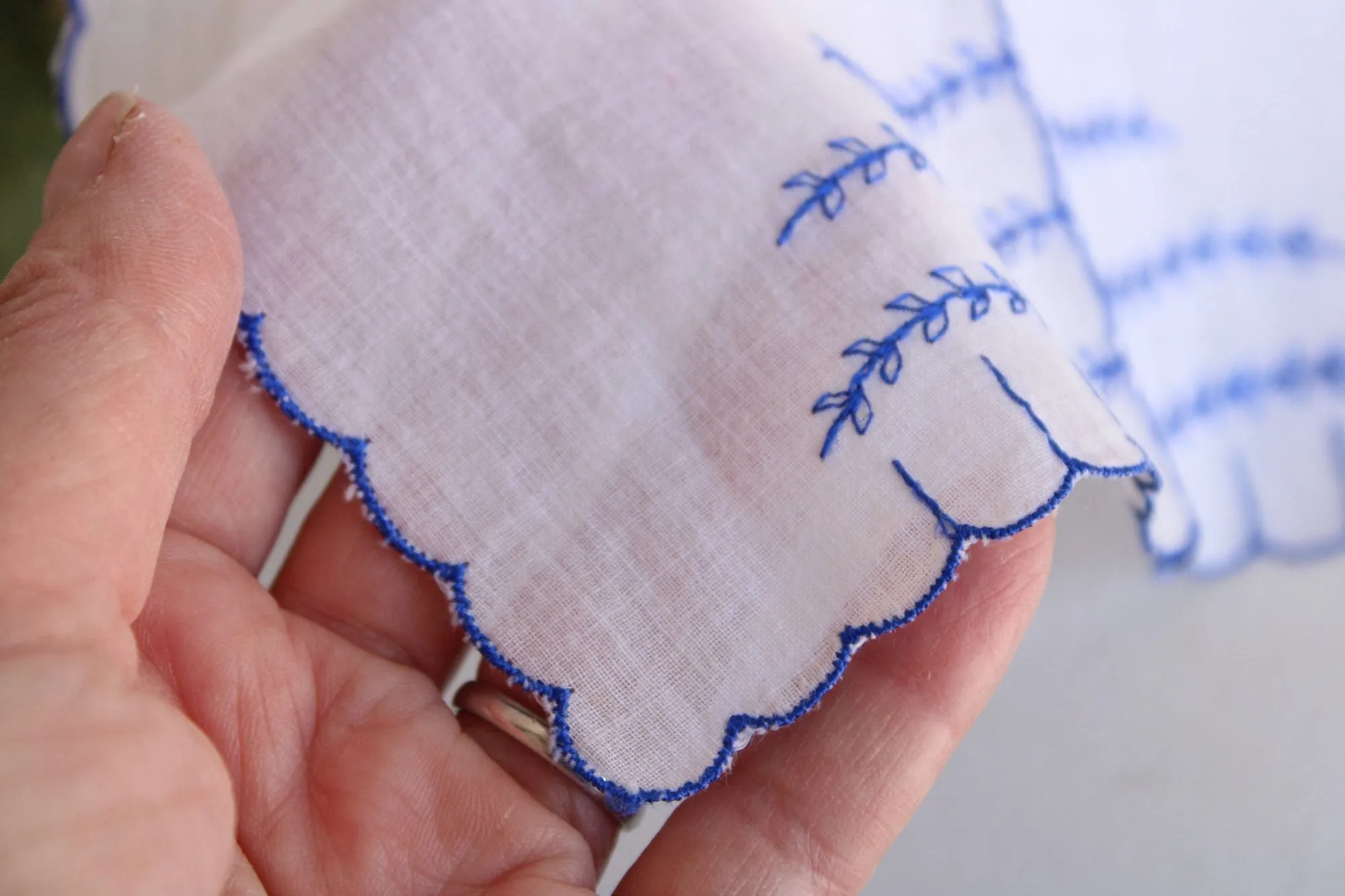 Vintage Blue VIne Embroidery on White Cotton Handkerchief