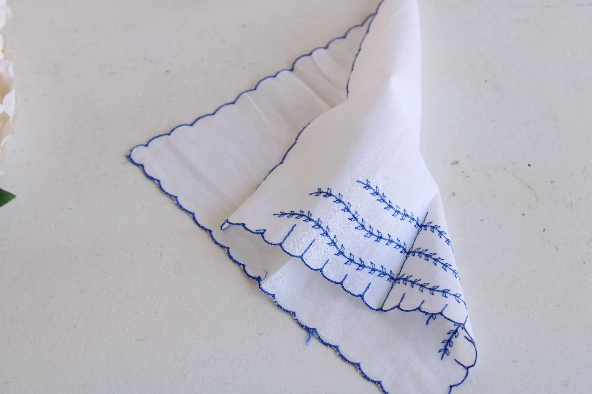 Vintage Blue VIne Embroidery on White Cotton Handkerchief