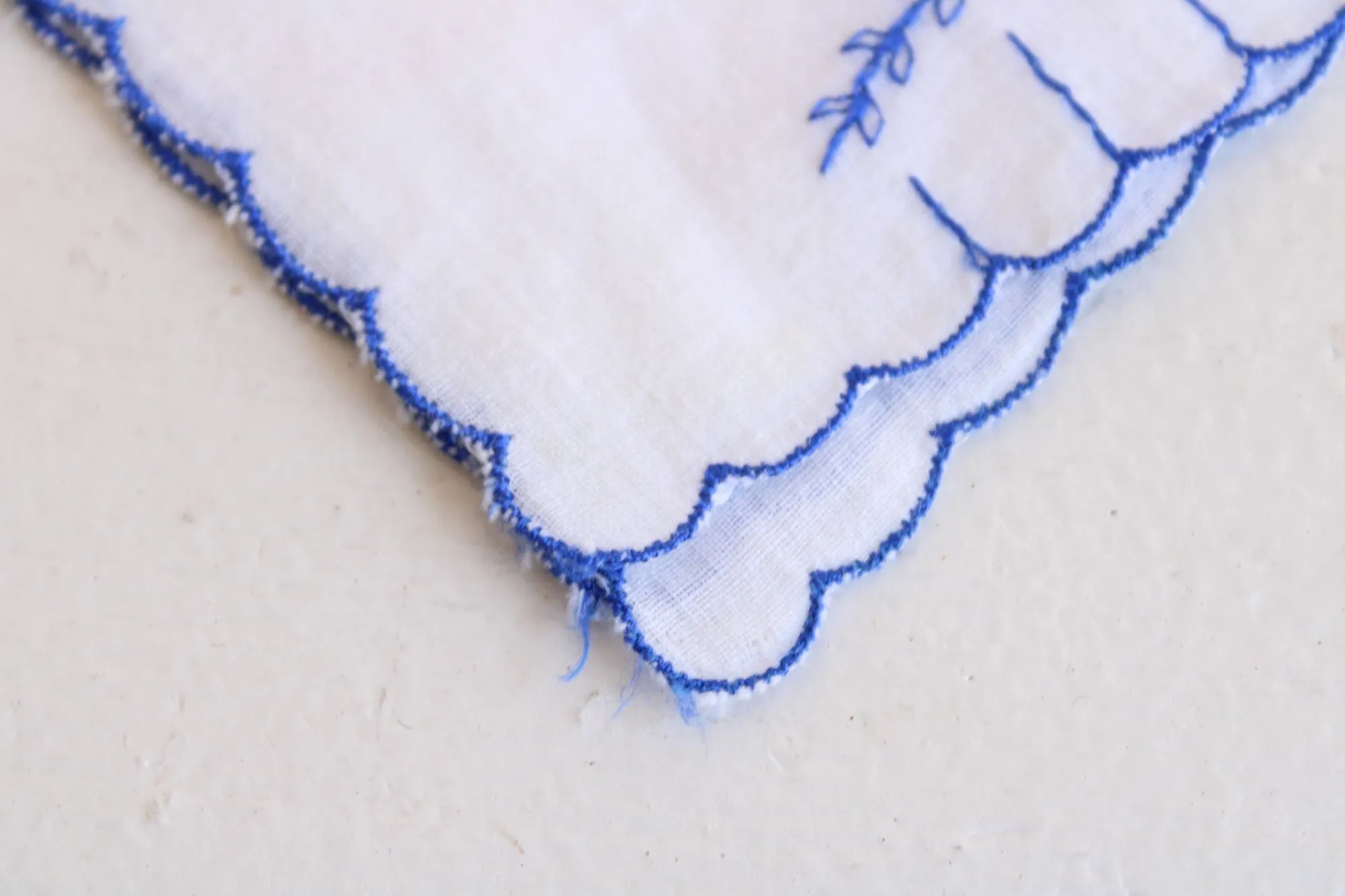 Vintage Blue VIne Embroidery on White Cotton Handkerchief