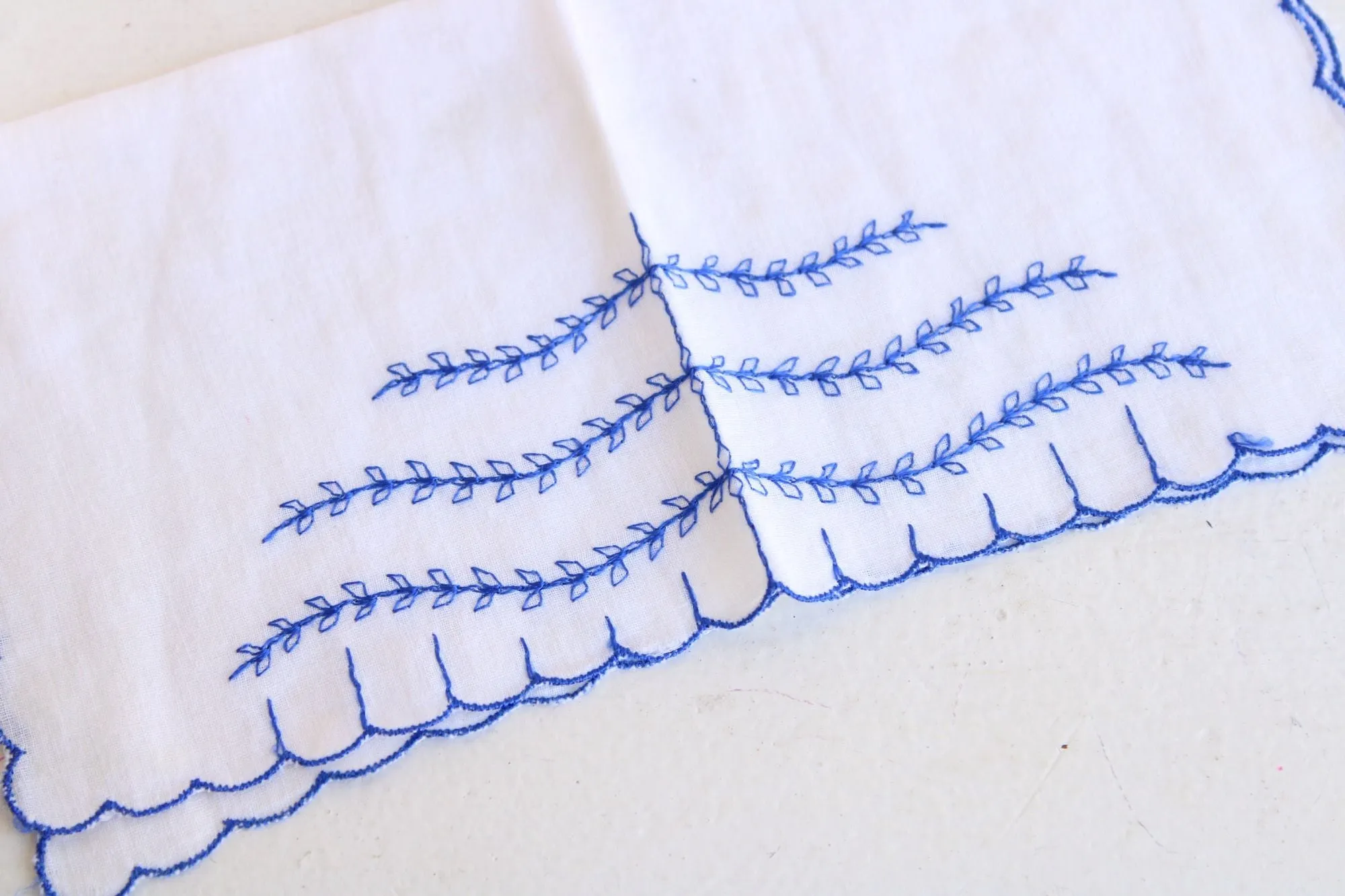 Vintage Blue VIne Embroidery on White Cotton Handkerchief