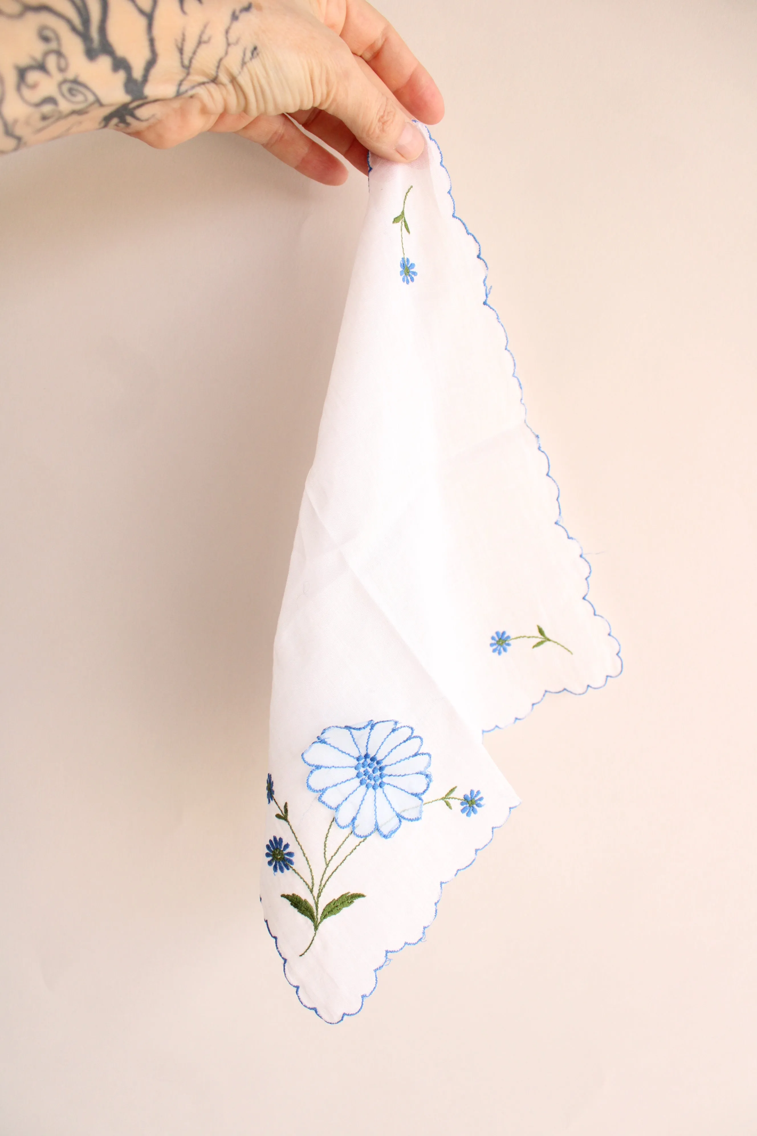 Vintage Hankie with Blue Flower Embroidery and Applique