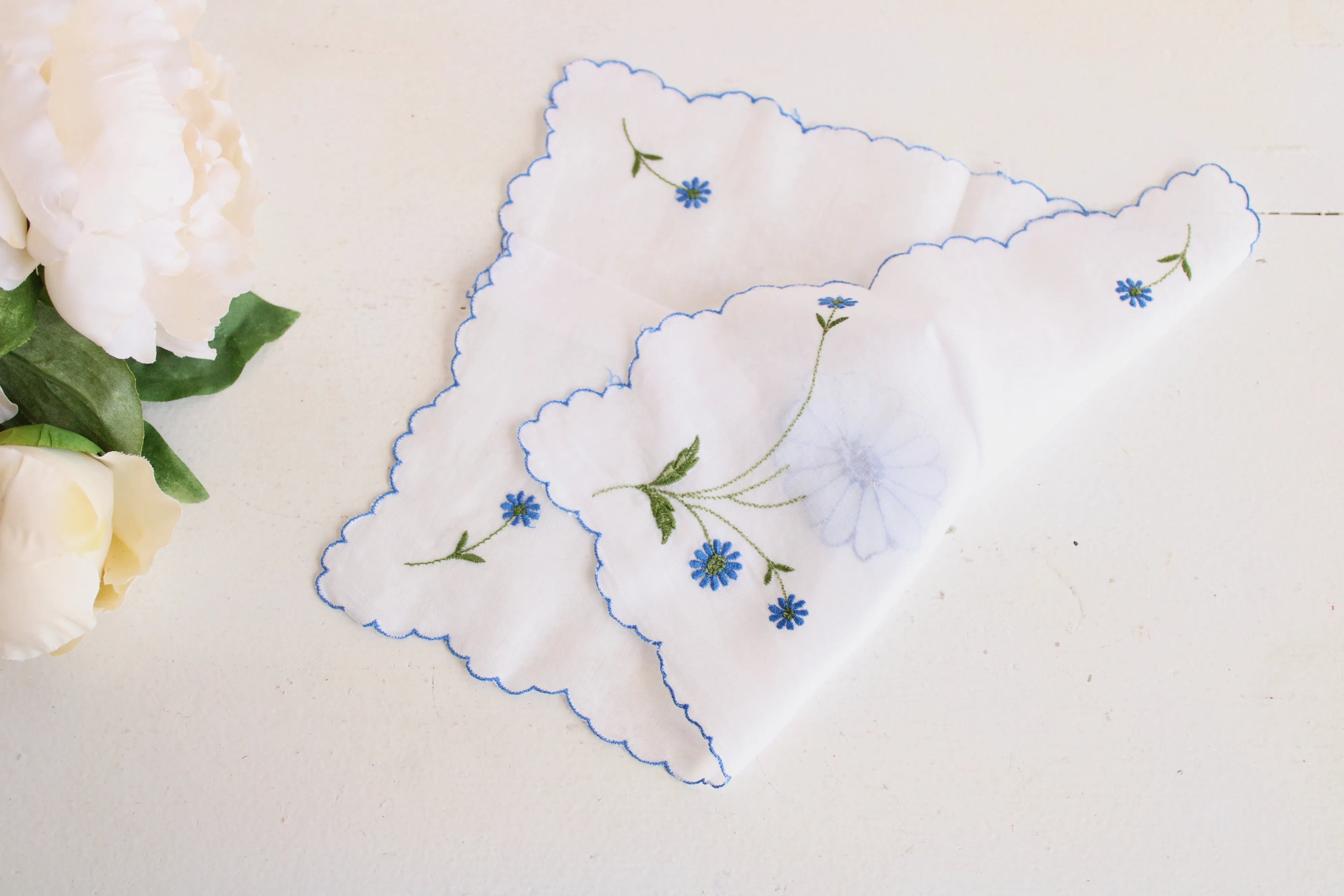 Vintage Hankie with Blue Flower Embroidery and Applique