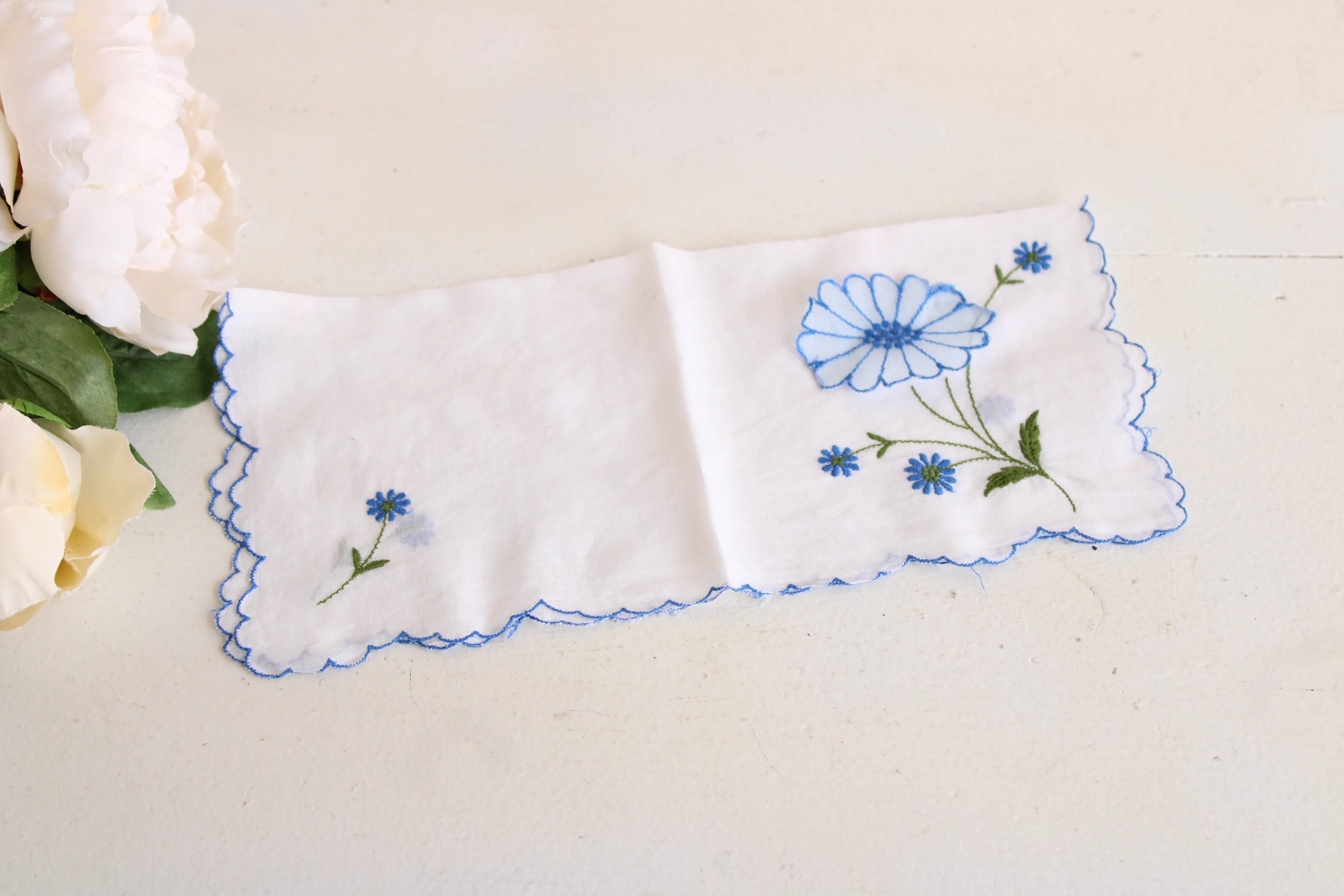 Vintage Hankie with Blue Flower Embroidery and Applique