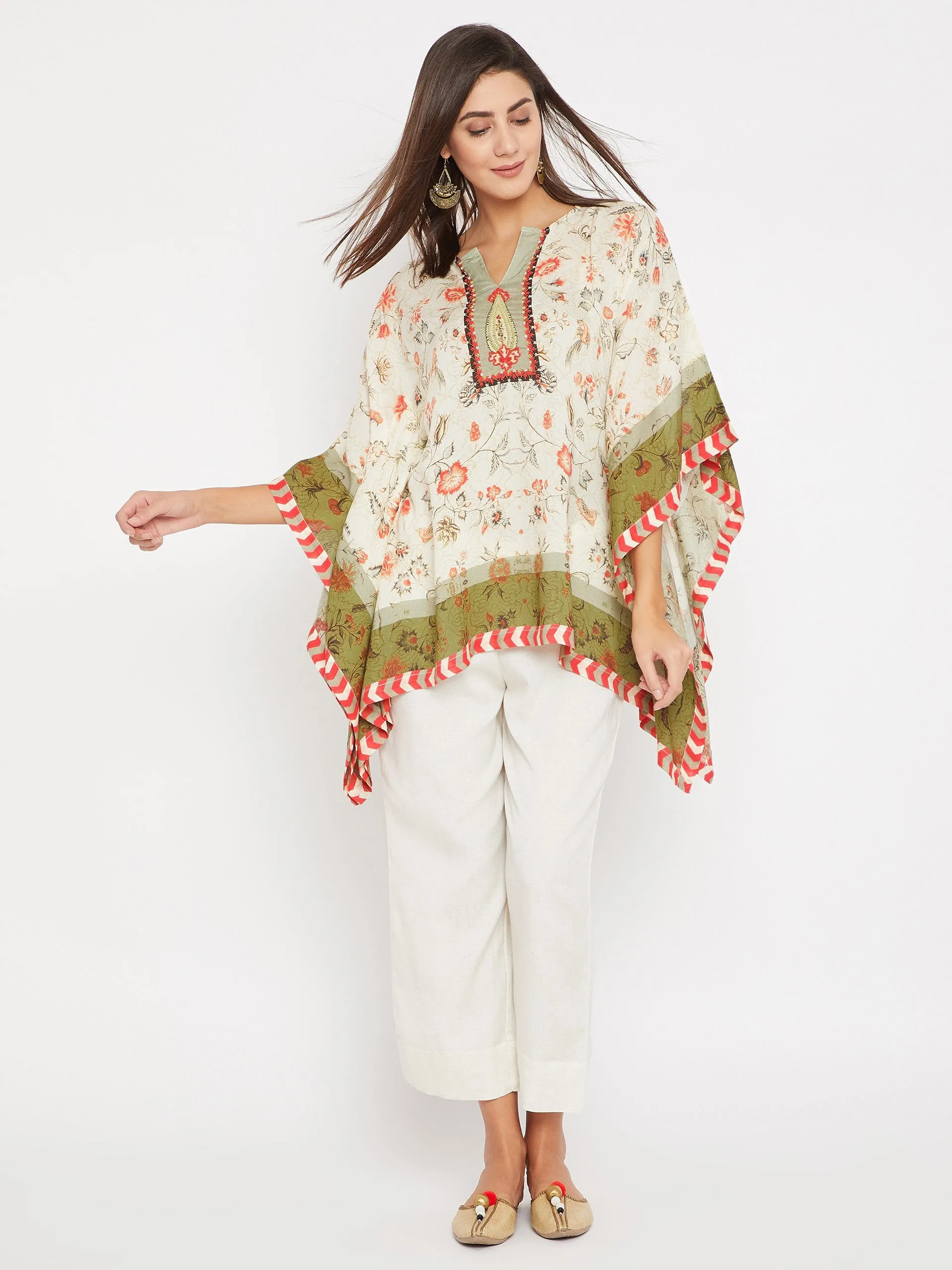 White And Green Hand Embroidered Kaftan Top