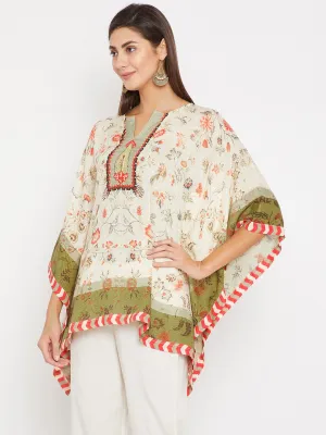 White And Green Hand Embroidered Kaftan Top