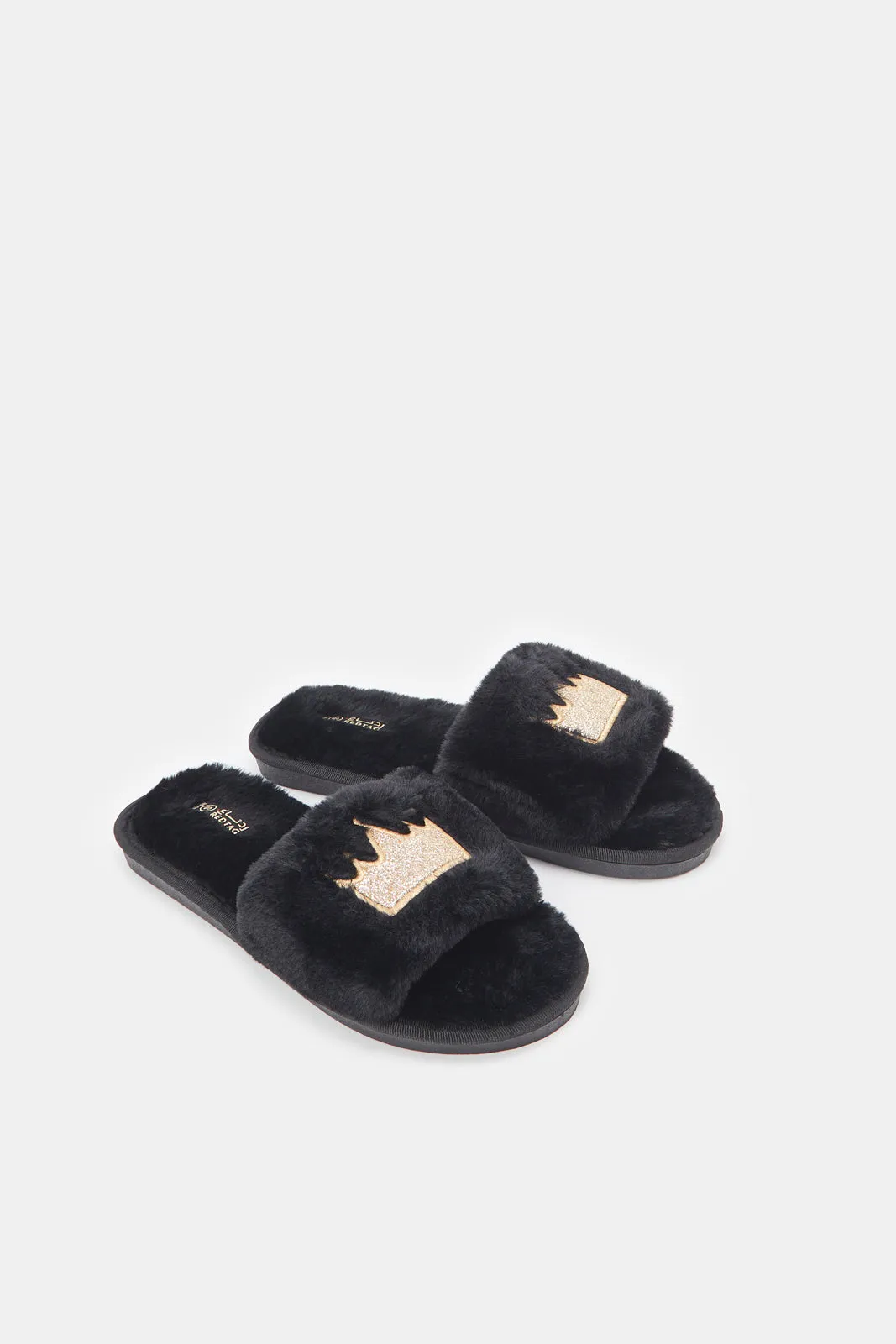 Women Black Crown Embroidered Slipper