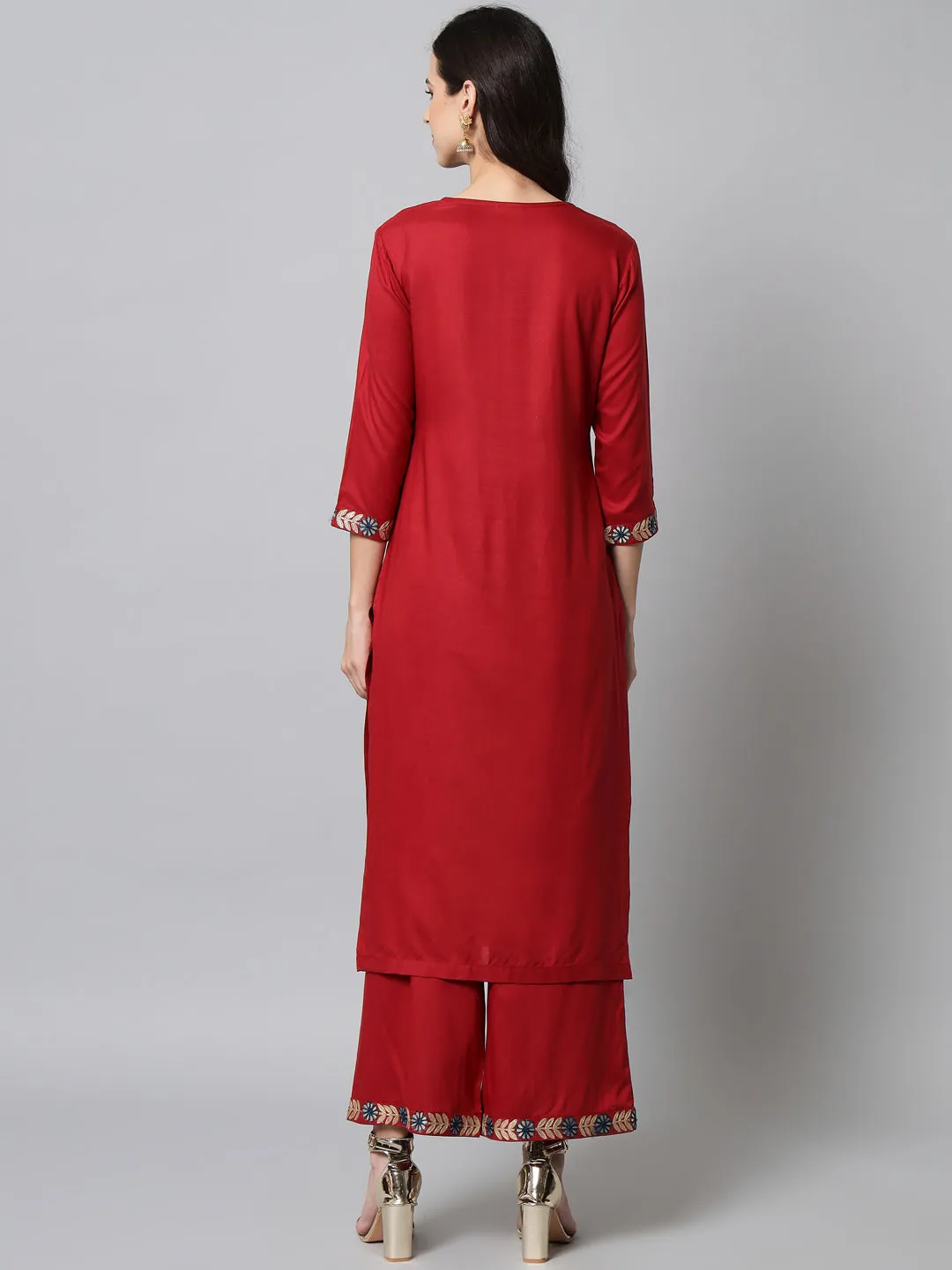 Women Embroidered Red Kurta Palazzo Set