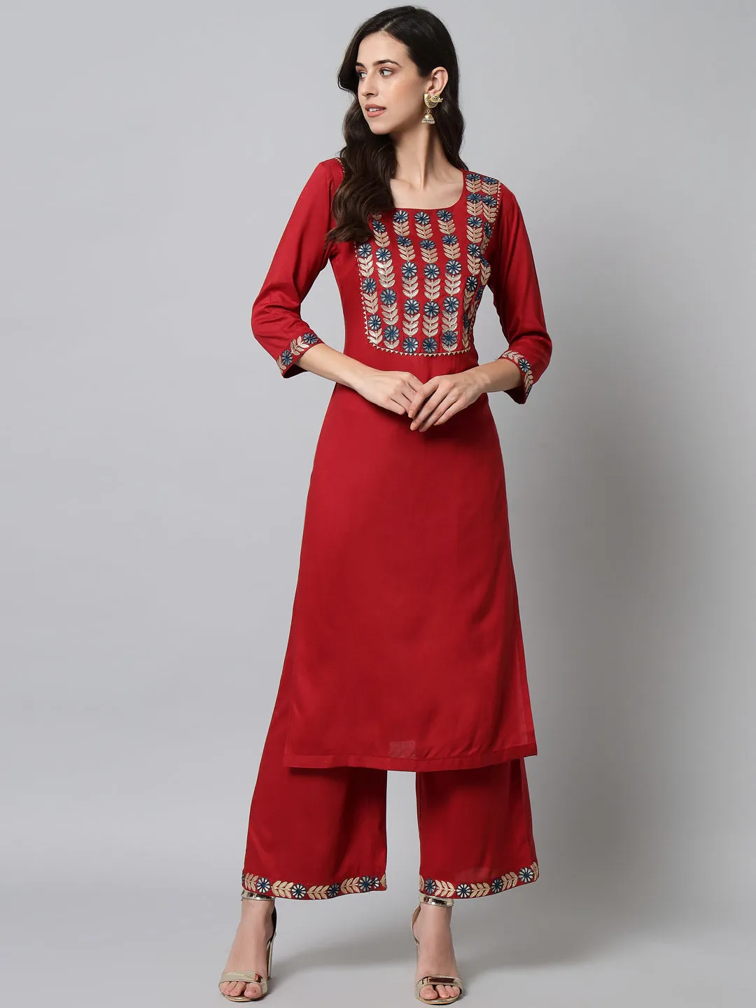 Women Embroidered Red Kurta Palazzo Set