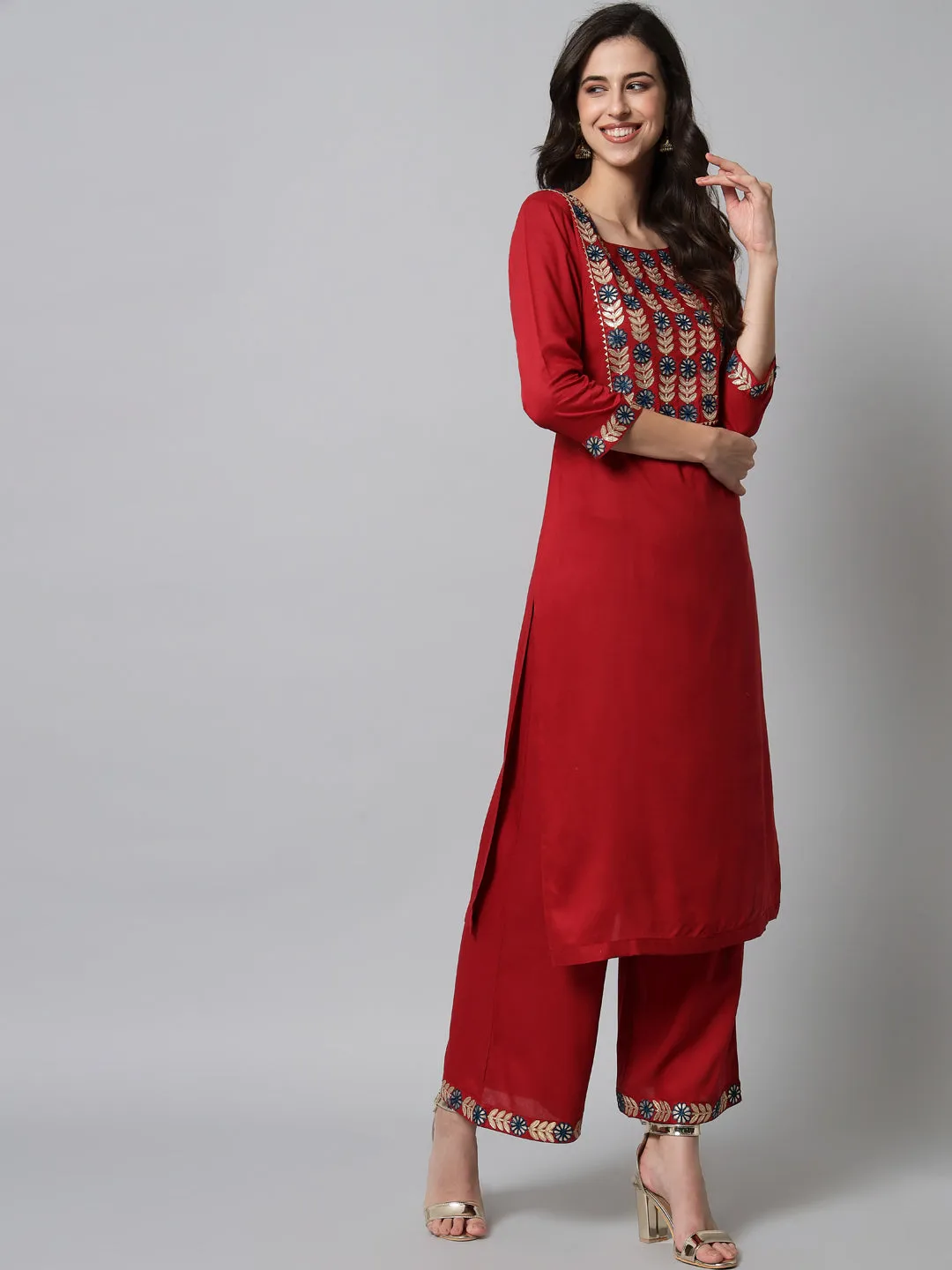 Women Embroidered Red Kurta Palazzo Set