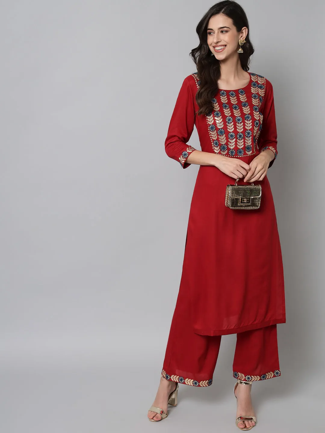 Women Embroidered Red Kurta Palazzo Set