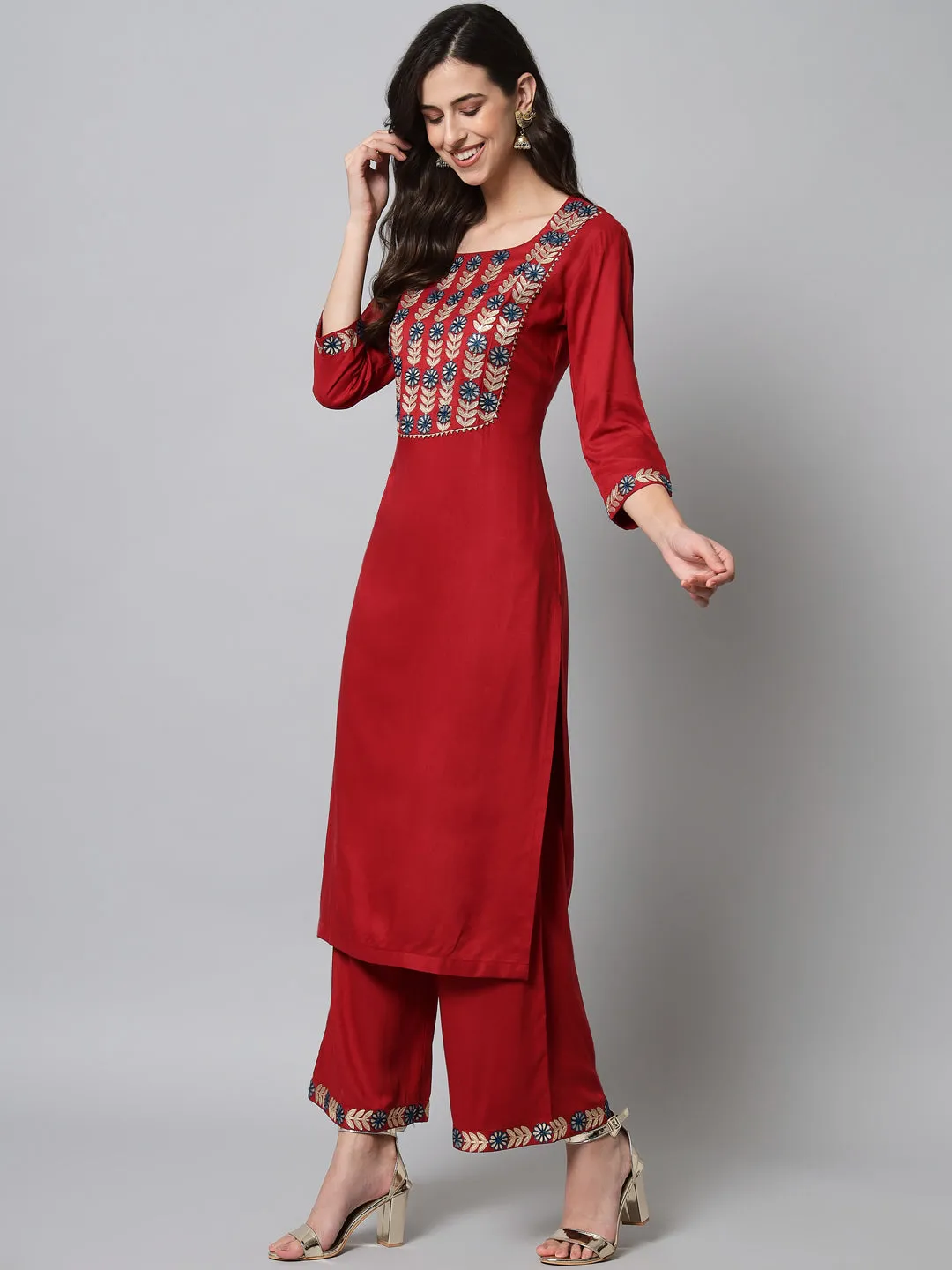 Women Embroidered Red Kurta Palazzo Set