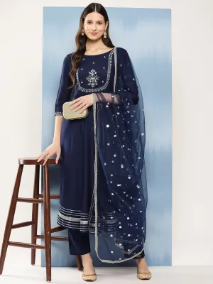 Women Navy Blue Embroidered Anarkali Kurta With Trouser And Dupatta